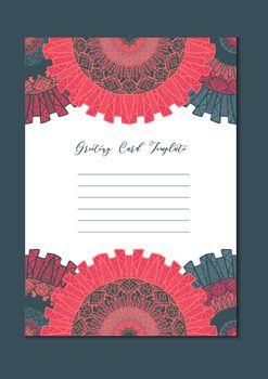 Business mandala card template. Oriental ethnic pattern. Mehndi ornament page for brochure, flyer, greeting, invitation cover. Design layout in boho and islam, arabic and east, indian style. Vector