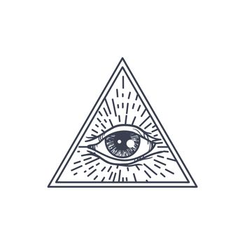 Vintage All Seeing Eye in Triangle. Providence magic symbol for print, tattoo, coloring book,fabric, t-shirt, cloth in boho style. Astrology, occult and tribal, esoteric and alchemy sign. Vector