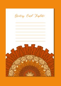 Business mandala card template. Oriental ethnic pattern. Mehndi ornament page for brochure, flyer, greeting, invitation cover. Design layout in boho and islam, arabic and east, indian style. Vector