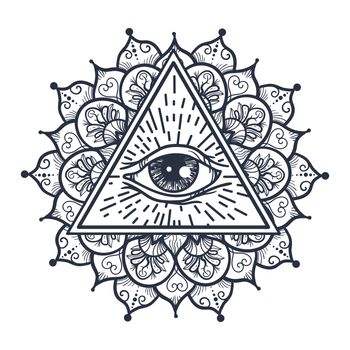 Vintage All Seeing Eye in Triangle and Mandala. Providence magic symbol for print, tattoo, coloring book,fabric, t-shirt, cloth in boho style. Astrology, occult, tribal, esoteric, alchemy sign. Vector