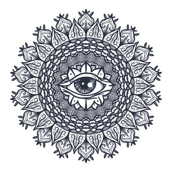 Vintage All Seeing Eye in Mandala. Providence magic symbol for print, tattoo, coloring book,fabric, t-shirt, cloth in boho style. Astrology, occult and tribal, esoteric and alchemy sign. Vector