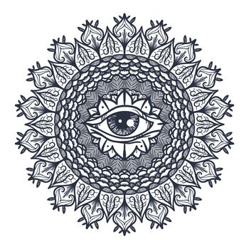 Vintage All Seeing Eye in Mandala. Providence magic symbol for print, tattoo, coloring book,fabric, t-shirt, cloth in boho style. Astrology, occult and tribal, esoteric and alchemy sign. Vector