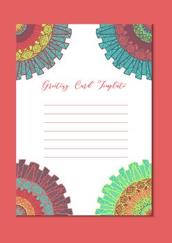 Business mandala card template. Oriental ethnic pattern. Mehndi ornament page for brochure, flyer, greeting, invitation cover. Design layout in boho and islam, arabic and east, indian style. Vector