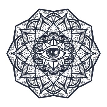 Vintage All Seeing Eye in Mandala. Providence magic symbol for print, tattoo, coloring book,fabric, t-shirt, cloth in boho style. Astrology, occult and tribal, esoteric and alchemy sign. Vector