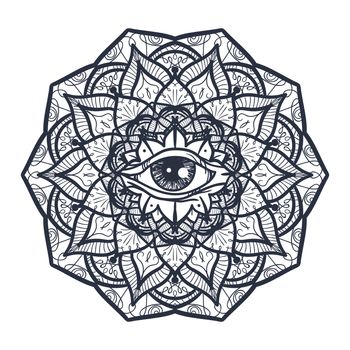 Vintage All Seeing Eye in Mandala. Providence magic symbol for print, tattoo, coloring book,fabric, t-shirt, cloth in boho style. Astrology, occult and tribal, esoteric and alchemy sign. Vector