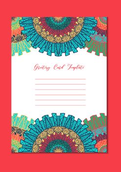 Business mandala card template. Oriental ethnic pattern. Mehndi ornament page for brochure, flyer, greeting, invitation cover. Design layout in boho and islam, arabic and east, indian style. Vector