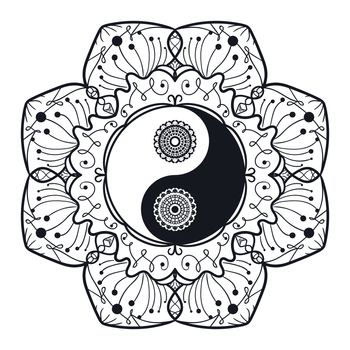 Vintage Yin and Yang in Mandala. Tao symbol for print, tattoo, coloring book,fabric, t-shirt, yoga, henna, cloth in boho style. Mehndi, occult and tribal, esoteric and alchemy sign. Vector