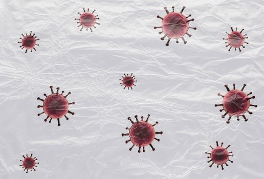 3D-Illustration of colorful isolated corona virus covered by plastic film on a white background.