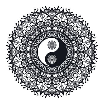 Vintage Yin and Yang in Mandala. Tao symbol for print, tattoo, coloring book,fabric, t-shirt, yoga, henna, cloth in boho style. Mehndi, occult and tribal, esoteric and alchemy sign. Vector