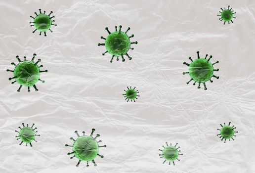 3D-Illustration of colorful isolated corona virus covered by plastic film on a white background.