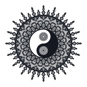 Vintage Yin and Yang in Mandala. Tao symbol for print, tattoo, coloring book,fabric, t-shirt, yoga, henna, cloth in boho style. Mehndi, occult and tribal, esoteric and alchemy sign. Vector