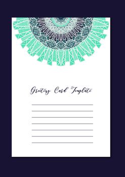 Business mandala card template. Oriental ethnic pattern. Mehndi ornament page for brochure, flyer, greeting, invitation cover. Design layout in boho and islam, arabic and east, indian style. Vector