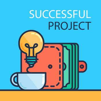 Successful investing concept. Bank holding. Financial budget banner. Money from idea, purse. Patent symbol. Vector