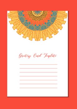 Business mandala card template. Oriental ethnic pattern. Mehndi ornament page for brochure, flyer, greeting, invitation cover. Design layout in boho and islam, arabic and east, indian style. Vector