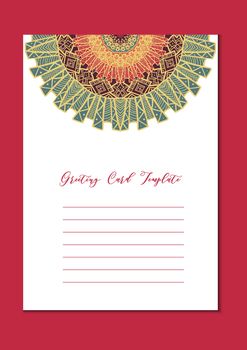 Business mandala card template. Oriental ethnic pattern. Mehndi ornament page for brochure, flyer, greeting, invitation cover. Design layout in boho and islam, arabic and east, indian style. Vector