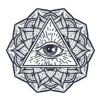 Vintage All Seeing Eye in Triangle and Mandala. Providence magic symbol for print, tattoo, coloring book,fabric, t-shirt, cloth in boho style. Astrology, occult, tribal, esoteric, alchemy sign. Vector