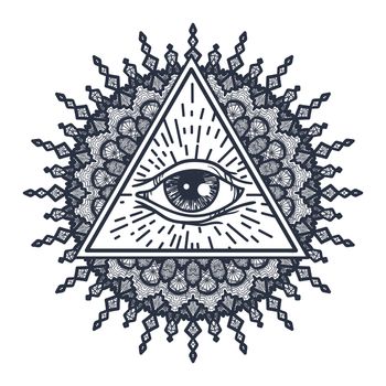 Vintage All Seeing Eye in Triangle and Mandala. Providence magic symbol for print, tattoo, coloring book,fabric, t-shirt, cloth in boho style. Astrology, occult, tribal, esoteric, alchemy sign. Vector