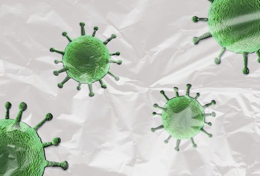 3D-Illustration of colorful isolated corona virus covered by plastic film on a white background.