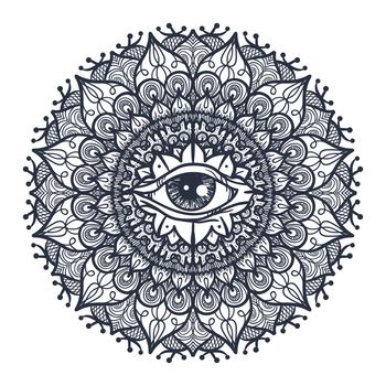 Vintage All Seeing Eye in Mandala. Providence magic symbol for print, tattoo, coloring book,fabric, t-shirt, cloth in boho style. Astrology, occult and tribal, esoteric and alchemy sign. Vector