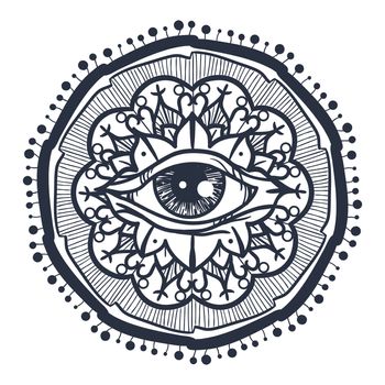 Vintage All Seeing Eye in Mandala. Providence magic symbol for print, tattoo, coloring book,fabric, t-shirt, cloth in boho style. Astrology, occult and tribal, esoteric and alchemy sign. Vector