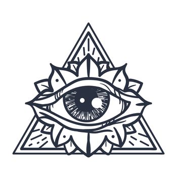 Vintage All Seeing Eye in Triangle. Providence magic symbol for print, tattoo, coloring book,fabric, t-shirt, cloth in boho style. Astrology, occult and tribal, esoteric and alchemy sign. Vector