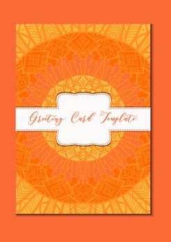 Business mandala card template. Oriental ethnic pattern. Mehndi ornament page for brochure, flyer, greeting, invitation cover. Design layout in boho and islam, arabic and east, indian style. Vector