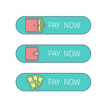 The process of payment. Rent, salary costs. Wages and income. The receipt of money. Icon purse, pocketbook, wallet with money. The conclusion of the contract. The pay button. Vector