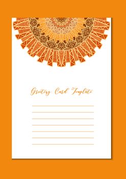 Business mandala card template. Oriental ethnic pattern. Mehndi ornament page for brochure, flyer, greeting, invitation cover. Design layout in boho and islam, arabic and east, indian style. Vector