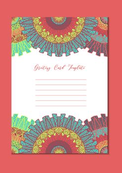 Business mandala card template. Oriental ethnic pattern. Mehndi ornament page for brochure, flyer, greeting, invitation cover. Design layout in boho and islam, arabic and east, indian style. Vector
