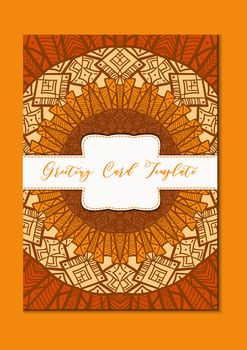 Business mandala card template. Oriental ethnic pattern. Mehndi ornament page for brochure, flyer, greeting, invitation cover. Design layout in boho and islam, arabic and east, indian style. Vector