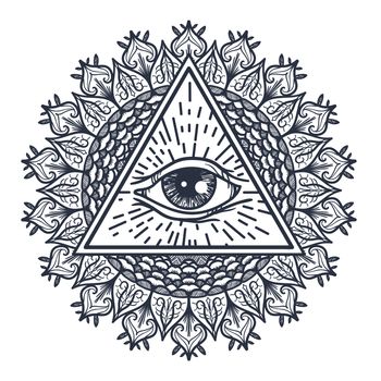 Vintage All Seeing Eye in Triangle and Mandala. Providence magic symbol for print, tattoo, coloring book,fabric, t-shirt, cloth in boho style. Astrology, occult, tribal, esoteric, alchemy sign. Vector