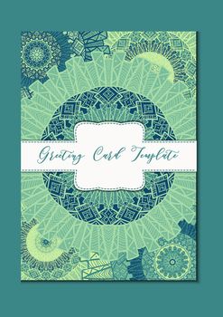 Business mandala card template. Oriental ethnic pattern. Mehndi ornament page for brochure, flyer, greeting, invitation cover. Design layout in boho and islam, arabic and east, indian style. Vector