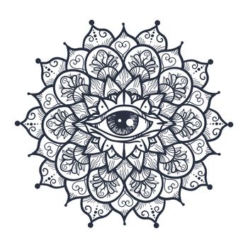 Vintage All Seeing Eye in Mandala. Providence magic symbol for print, tattoo, coloring book,fabric, t-shirt, cloth in boho style. Astrology, occult and tribal, esoteric and alchemy sign. Vector