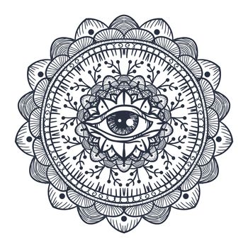Vintage All Seeing Eye in Mandala. Providence magic symbol for print, tattoo, coloring book,fabric, t-shirt, cloth in boho style. Astrology, occult and tribal, esoteric and alchemy sign. Vector