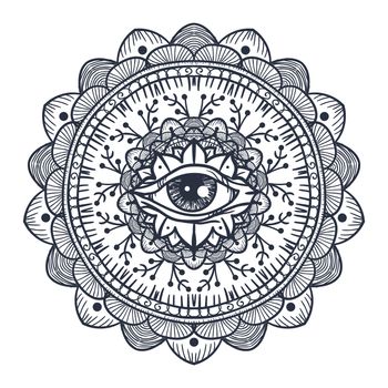 Vintage All Seeing Eye in Mandala. Providence magic symbol for print, tattoo, coloring book,fabric, t-shirt, cloth in boho style. Astrology, occult and tribal, esoteric and alchemy sign. Vector