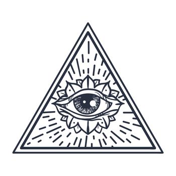 Vintage All Seeing Eye in Triangle. Providence magic symbol for print, tattoo, coloring book,fabric, t-shirt, cloth in boho style. Astrology, occult and tribal, esoteric and alchemy sign. Vector