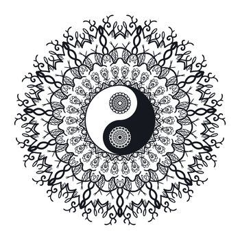 Vintage Yin and Yang in Mandala. Tao symbol for print, tattoo, coloring book,fabric, t-shirt, yoga, henna, cloth in boho style. Mehndi, occult and tribal, esoteric and alchemy sign. Vector