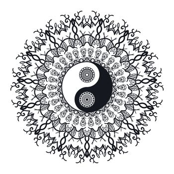 Vintage Yin and Yang in Mandala. Tao symbol for print, tattoo, coloring book,fabric, t-shirt, yoga, henna, cloth in boho style. Mehndi, occult and tribal, esoteric and alchemy sign. Vector