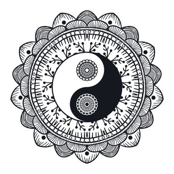 Vintage Yin and Yang in Mandala. Tao symbol for print, tattoo, coloring book,fabric, t-shirt, yoga, henna, cloth in boho style. Mehndi, occult and tribal, esoteric and alchemy sign. Vector