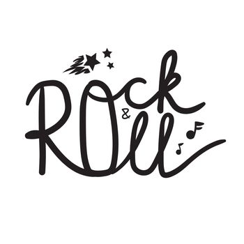 Rock and Roll Lettering for t-shirt, sticker, print, fabric, cloth. Vintage hand drawn monochrome music badge. Retro hipster sound emblem for card, concert flyer, fest, postcard, label, poster. Vector