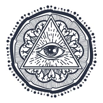 Vintage All Seeing Eye in Triangle and Mandala. Providence magic symbol for print, tattoo, coloring book,fabric, t-shirt, cloth in boho style. Astrology, occult, tribal, esoteric, alchemy sign. Vector