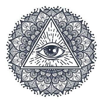 Vintage All Seeing Eye in Triangle and Mandala. Providence magic symbol for print, tattoo, coloring book,fabric, t-shirt, cloth in boho style. Astrology, occult, tribal, esoteric, alchemy sign. Vector