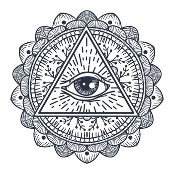 Vintage All Seeing Eye in Triangle and Mandala. Providence magic symbol for print, tattoo, coloring book,fabric, t-shirt, cloth in boho style. Astrology, occult, tribal, esoteric, alchemy sign. Vector