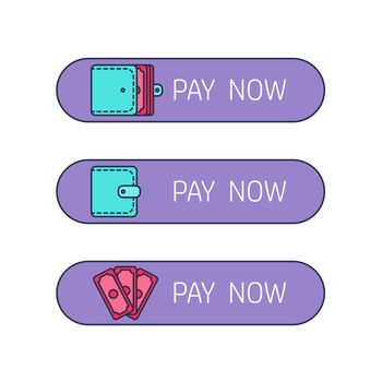 The process of payment. Rent, salary costs. Wages and income. The receipt of money. Icon purse, pocketbook, wallet with money. The conclusion of the contract. The pay button. Vector