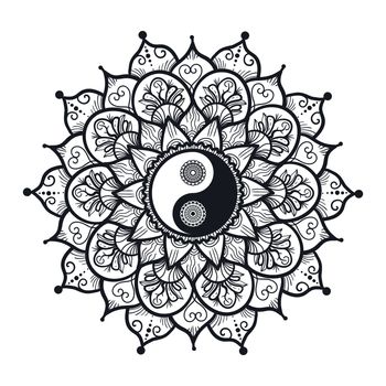 Vintage Yin and Yang in Mandala. Tao symbol for print, tattoo, coloring book,fabric, t-shirt, yoga, henna, cloth in boho style. Mehndi, occult and tribal, esoteric and alchemy sign. Vector