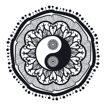 Vintage Yin and Yang in Mandala. Tao symbol for print, tattoo, coloring book,fabric, t-shirt, yoga, henna, cloth in boho style. Mehndi, occult and tribal, esoteric and alchemy sign. Vector