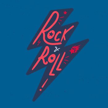 Rock and Roll Lettering for t-shirt, sticker, print, fabric, cloth. Vintage hand drawn music badge. Retro hipster musical sound emblem for card, concert flyer, fest, postcard, label, poster. Vector