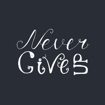 Motivation and Dream Lettering Concept. Never give up. Vintage Calligraphic Text. Inspirational retro quote for fabric, print, invitation, decor, greeting card, poster, design element. Vector