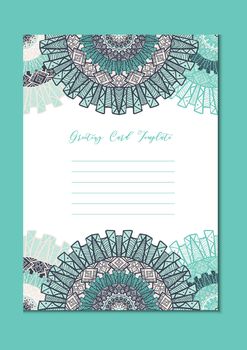 Business mandala card template. Oriental ethnic pattern. Mehndi ornament page for brochure, flyer, greeting, invitation cover. Design layout in boho and islam, arabic and east, indian style. Vector