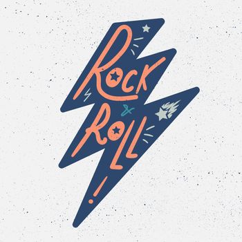 Rock and Roll Lettering for t-shirt, sticker, print, fabric, cloth. Vintage hand drawn music badge. Retro hipster musical sound emblem for card, concert flyer, fest, postcard, label, poster. Vector